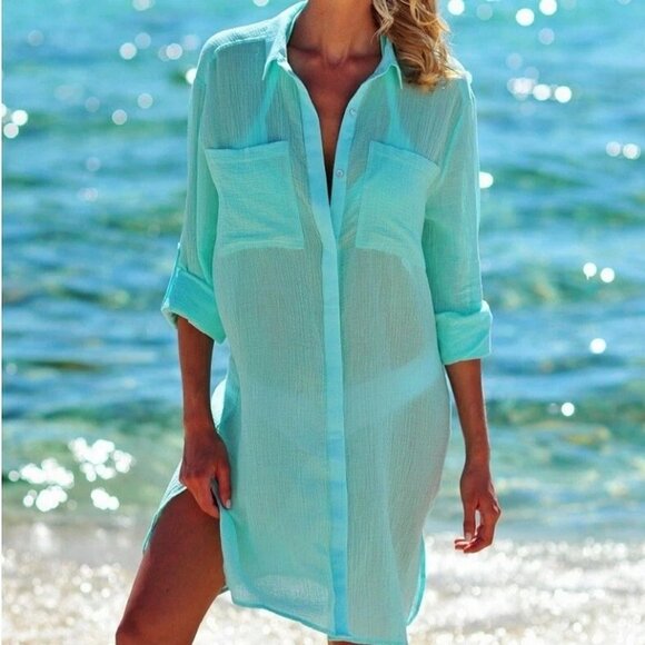Summer Beach Bikini Cover Blouse Shirt Dress Swimwear Bathing Suit - Picture 5 of 12